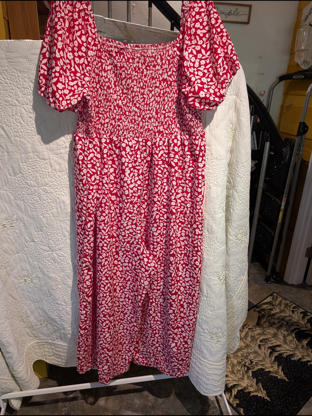 Plus Size Romper, fits 18-22W mocked Red Floral Jumpsuit Puff Sleeves, Wide Crop